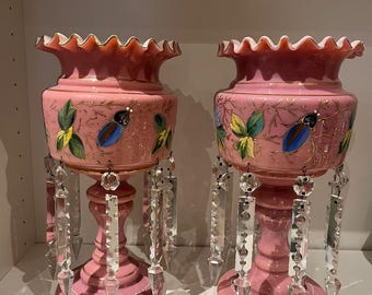 A pair of antique French or Bohemian opaline lusters in good condition, featuring hand-painted flowers