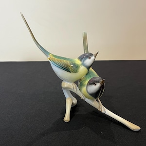 Herend Hungary porcelain statue of two birds on a tree branch — rare, old and vintage.