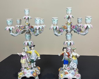 antique a pair of Dresden porcelain candlesticks with original dresden stamp
