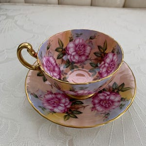 Aynsley cup and saucer cabbage rose teal  pink roses vintage cup in excellent condition with green mark