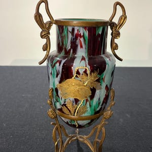 antique French glass vase with bronze base in good condition