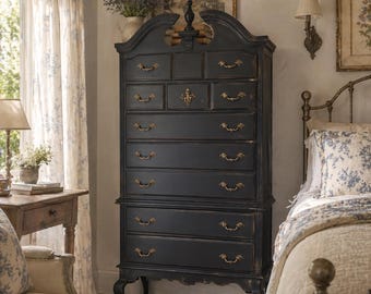 Hand-Painted Vintage Black French Country Armoire Chest, Solid Wood Tall Boy Drawers