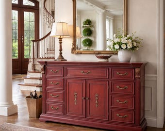 Hand-Painted Vintage Red Sideboard Buffet Solid Wood Dresser Statement Entryway Cabinet