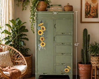 Hand-Painted Vintage Art Deco Armoire | Sunflower Design | Boho Cottage Storage Cabinet