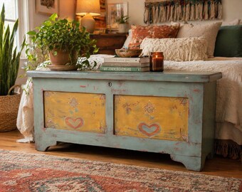 Hand Painted Pennsylvania Dutch Cedar Hope Chest, Folk Art Blanket Storage
