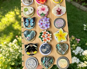 Real Stone Resin Phone Grip For Kindle, Flower Magnetic Gold Base, Solid Colour Folding Stand, Phone Charming Gift