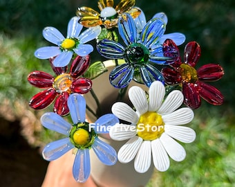 Handmade Glass Flower Bouquet, Unique Floral Arrangement, Colorful Daisy Gift