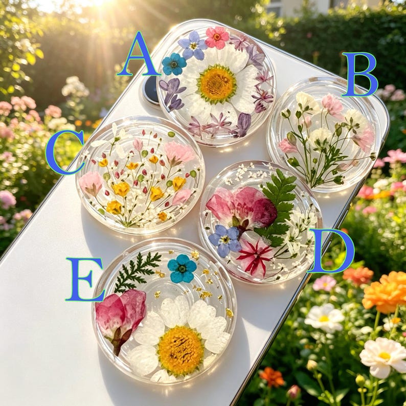 May include: Five circular phone grips labeled A through E, each featuring clear resin embedded with various pressed flowers. Design A has a large daisy, B has white and pink baby's breath, C has small yellow and pink flowers, D has pink and blue petals, and E has a daisy and fern.