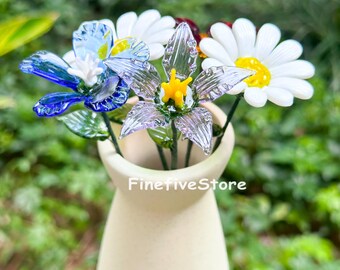 Handmade Glass Flower Bouquet, Violet Daisy Sunflower, Floral Gift