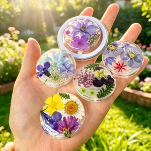 Könnte beinhalten: Vier kreisförmige, klare Harzscheiben mit gepressten Blumen. Jede Scheibe zeigt ein einzigartiges Arrangement botanischer Elemente, darunter violette, blaue, gelbe und weiße Blütenblätter, grüne Blätter und zarte Stängel, die in einem glatten Finish liegen.