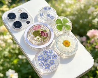 Handmade Real Forget Me Not Resin Phone Grip, Pressed Baby's Breath Daisy Magnetic Holder Base For Kindle, Fern Leaf Narcissus Stand Gift