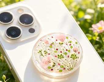 Handmade Real Forget Me Not Resin Phone Grip, Pressed Baby's Breath Daisy Magnetic Holder Base For Kindle, Green Leaf Narcissus Stand Gift