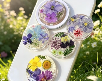 Handmade Real Flower Resin Phone Grip, Pressed Pansy Cherry Lace Magnetic Holder Base For Kindle, Fern Leaf Stand Gift