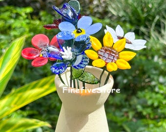Buquê de flores de vidro feito à mão, presente floral exclusivo (18,3 cm)