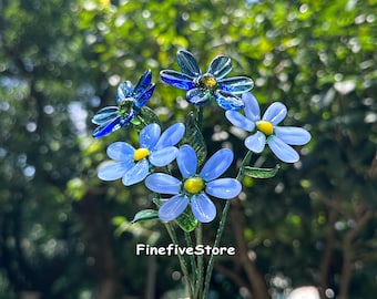 Handmade Glass Daisy Flowers, Blue Floral Bouquet, Birthday Gift