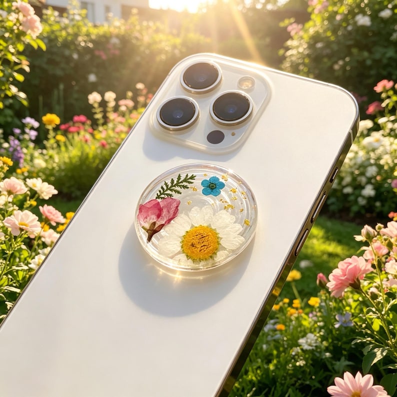 May include: A white smartphone featuring a circular phone grip attached to the back. The grip is made of clear resin and contains embedded pressed flowers, including a large white daisy, a pink petal, a small blue flower, and green fern.