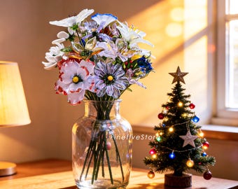 Glass Birth Month Flowers, Glass Christmas Bouquet, Gladiolus, Daisy, Aster, Poppy, Lily, Larkspur, Glass Floral Figurine, Birthday Gift