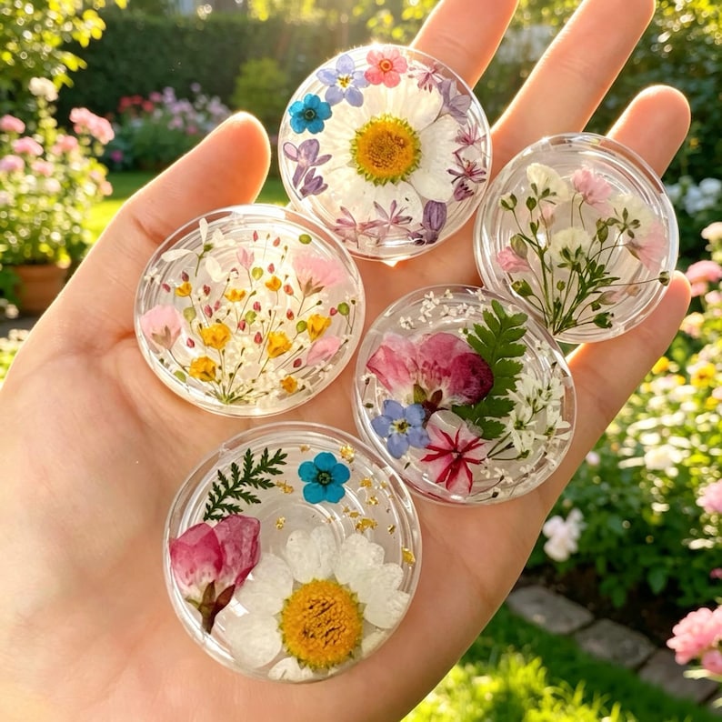 Handmade Real Forget Me Not Resin Phone Grip, Pressed Baby's Breath Daisy Magnetic Holder Base For Kindle, Fern Leaf Narcissus Stand Gift image 3