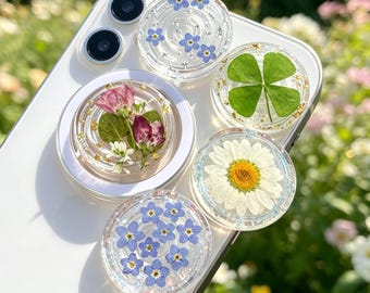 Handmade Real Forget Me Not Resin Phone Grip, Pressed Baby's Breath Daisy Magnetic Holder Base For Kindle, Fern Leaf Narcissus Stand Gift
