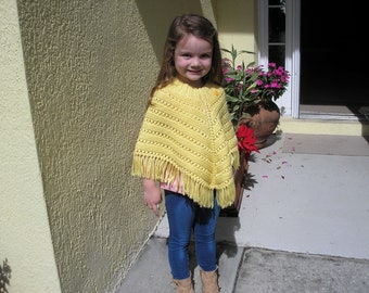 Knitted Poncho, Girls Medium - Lemon