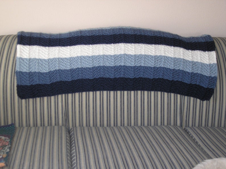 Knitted Afghan in Three Blues and White image 3