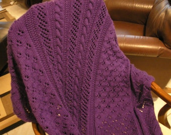 Knitted Afghan - Cable and Eyelet Lace in Plum