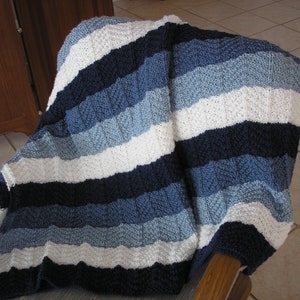 Knitted Afghan in Three Blues and White image 1