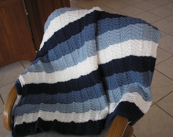 Knitted Afghan in Three Blues and White