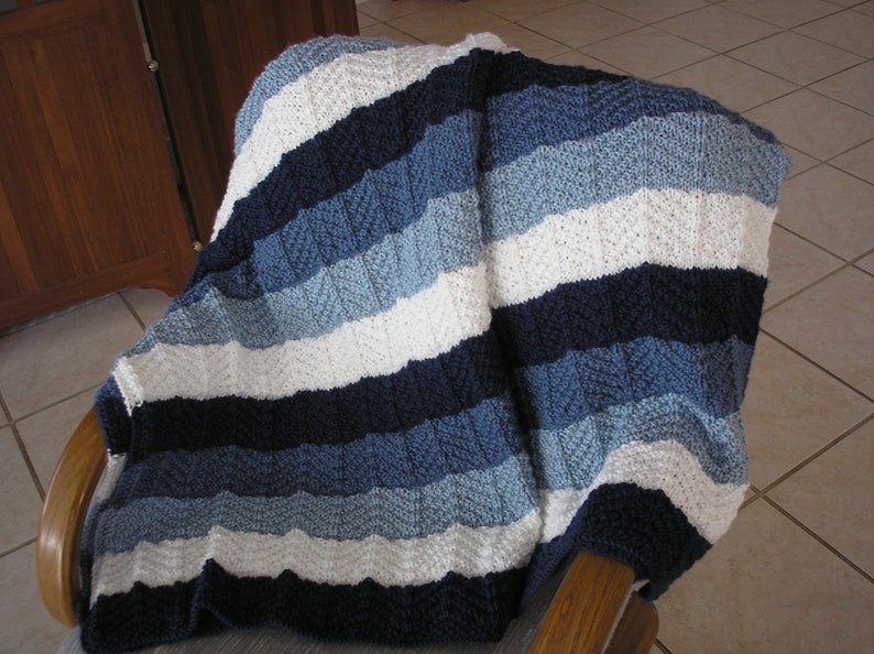 Knitted Afghan in Three Blues and White image 1