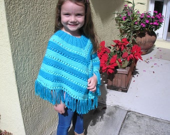 Knitted Poncho, Girls Medium - Teal and Aqua