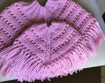 Knitted Poncho Set - Girls Small and Doll - Soft Pink