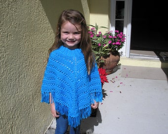 Knitted Poncho, Girls Medium - Bright Blue