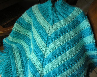 Knitted Poncho, Junior Girl - Teal and Aqua