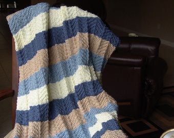 Knitted Afghan - Ripple Stitch in Blues, Beige and Off White
