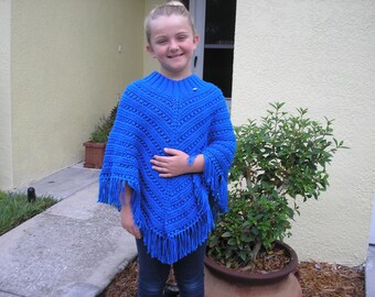 Knitted Poncho, Girls Large - Royal Blue