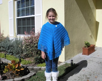 Knitted Poncho, Girls Large - Bright Blue