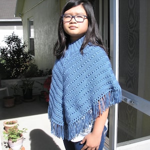 Knitted Poncho, Junior Girl - Country Blue