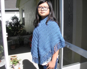 Knitted Poncho, Junior Girl - Country Blue