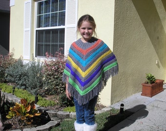 Knitted Poncho, Girls Large - Grey with Vivid Colors