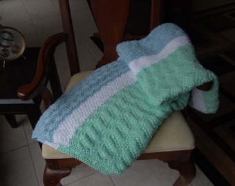 Knitted Afghan - Pastel Blue and Green Zigzags