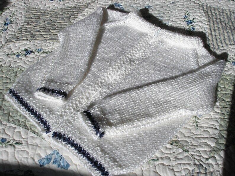 White with Navy Trim Knitted Zippered Childs Sweater