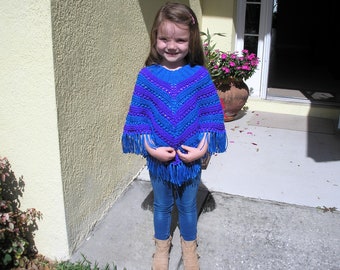 Knitted Poncho, Girls Medium - Royal Blue and Deep Purple