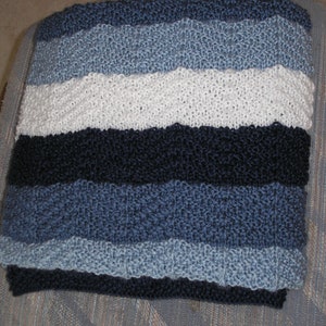 Knitted Afghan in Three Blues and White image 2