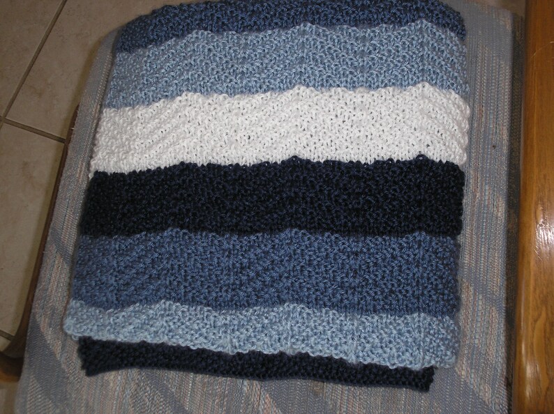 Knitted Afghan in Three Blues and White image 2