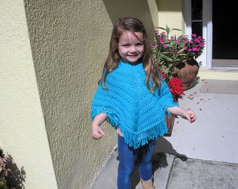 Knitted Poncho, Girls Medium - Mint Blue