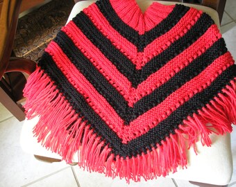 Knitted Poncho, Girls Medium - Red and Black