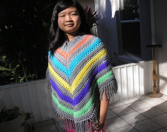 Knitted Poncho, Junior Girl - Grey with Vivid Colors