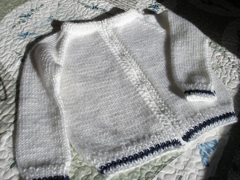 White with Navy Trim Knitted Zippered Childs Sweater