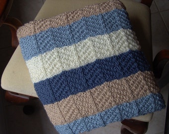 Knitted Afghan Pattern - Ripple Stitch in Blues, Beige and Off White,PDF