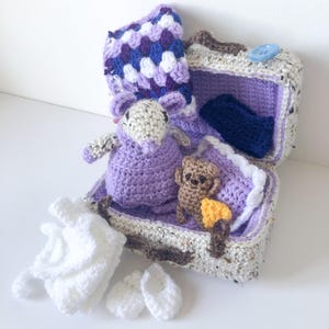 Topolino lilla in valigia, set all'uncinetto fatto a mano, regalo fatto a mano, amigurumi
